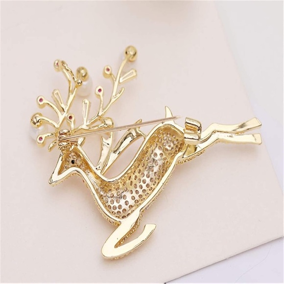 New Sparkly Gold-Tone Reindeer Brooch (2” wide x 1.75” tall) (Version “Prancer”) - Picture 7 of 8
